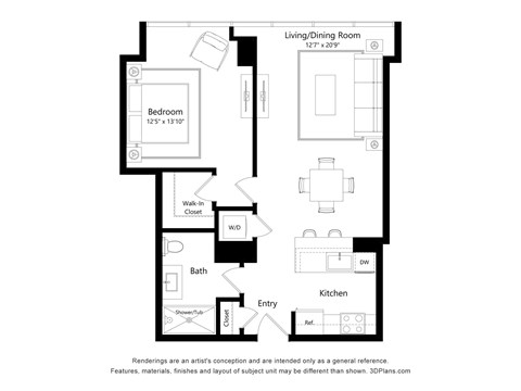 Floor plan for 1 bed, 1 bath, 742 sqft